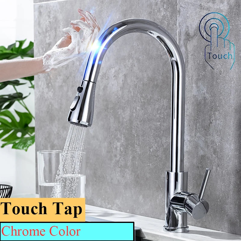 White Touch on Kitchen Sink Faucets 3 Ways Sprayer Hot Cold Pull Out Kitchen Sink Mixer Tap Smar Sensor Touch Kitchen Faucet Tap