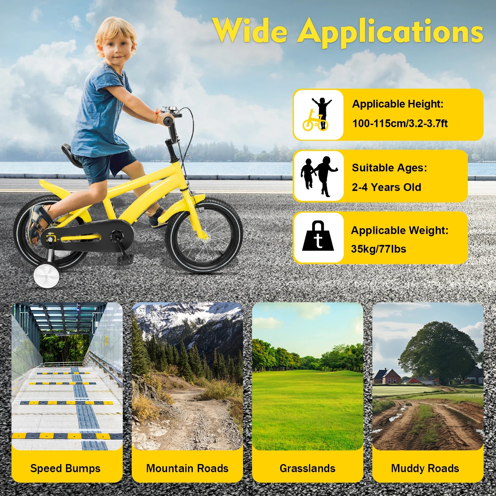 14 Inch Kids Bike Adjustable Seat Dual Brakes Children's Bicycle Load 50kg w/Training Wheels for Ages 2-4, Yellow/Blue/Red/White