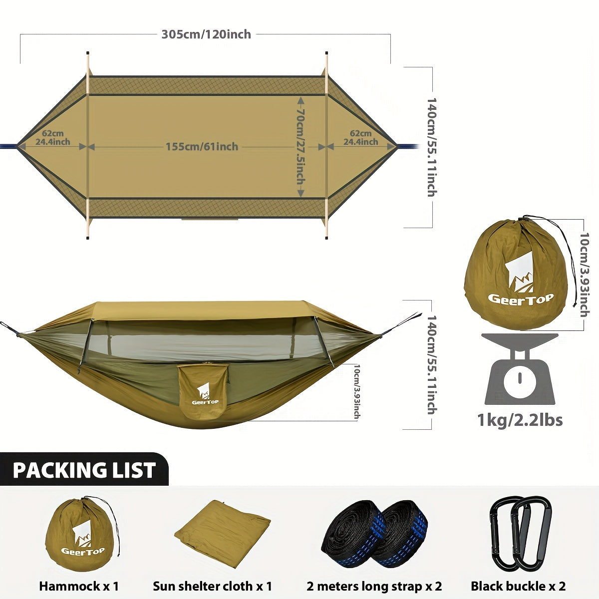 [3-in-1 Hammock] GEERTOP 3-in-1 Outdoor Hammock | Double Sleep Rest Camping Hammock with Mosquito Net Sun Shelter for Backpacking Travel Garden Park