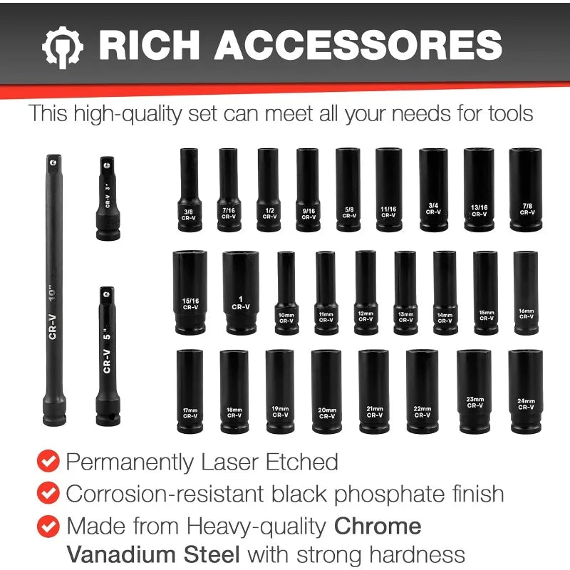 29pcs 1/2" Socket Set, Drive Deep Impact Socket Set, Including 3 ", 5", 10" Impact Extension Bar, Standard SAE (3/8 "- 1")