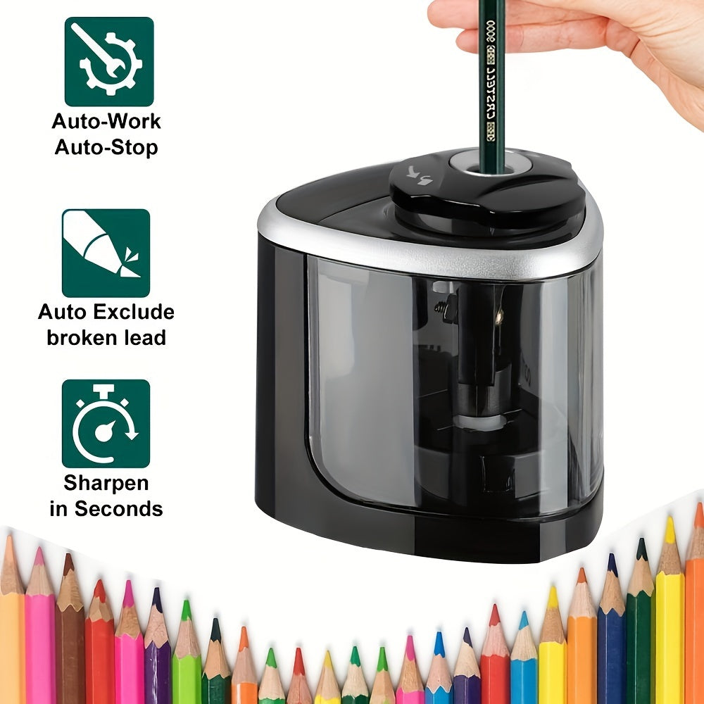 Automatic Electric Pencil Sharpener with Auto-Stop & Lead Breakage - Desktop Sharpener for Office &, No Needed, Compact Design, Sharpens Pencils in Seconds, Pencil Sharpener Electric, Supplies, Sleek Style, Waste Container