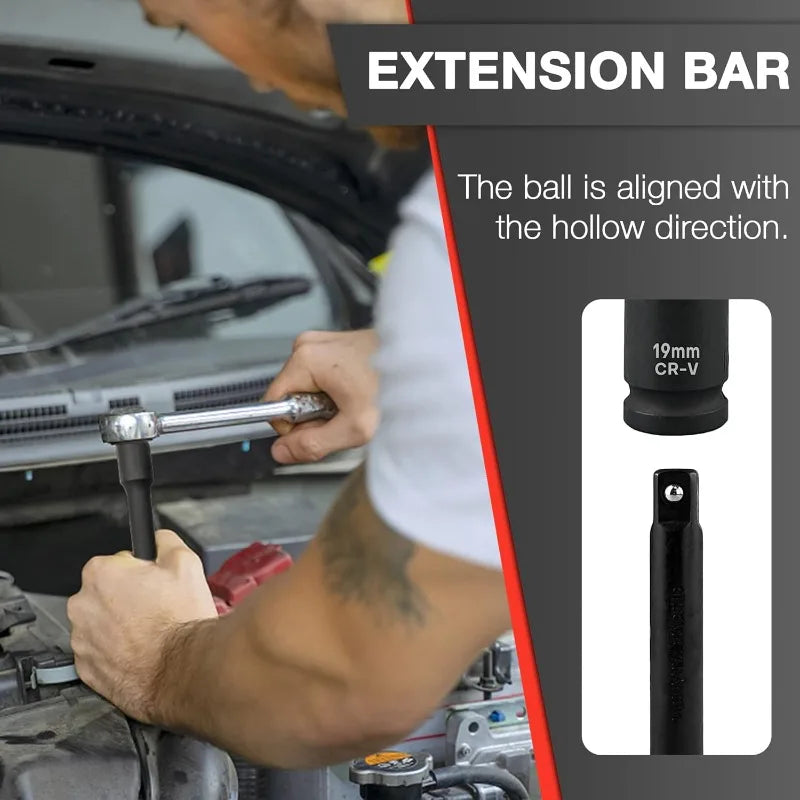 29pcs 1/2" Socket Set, Drive Deep Impact Socket Set, Including 3 ", 5", 10" Impact Extension Bar, Standard SAE (3/8 "- 1")