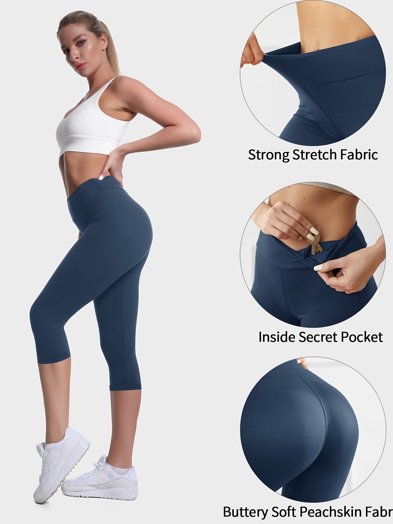 Women'S Plus Size Capri Leggings, High Waist Tummy Control, 4X Stretch, Pocket Detail, Solid Black, Knit Fabric, Polyester 92%, Spandex 8%, 210g/m², All Season Skinny Yoga Pants