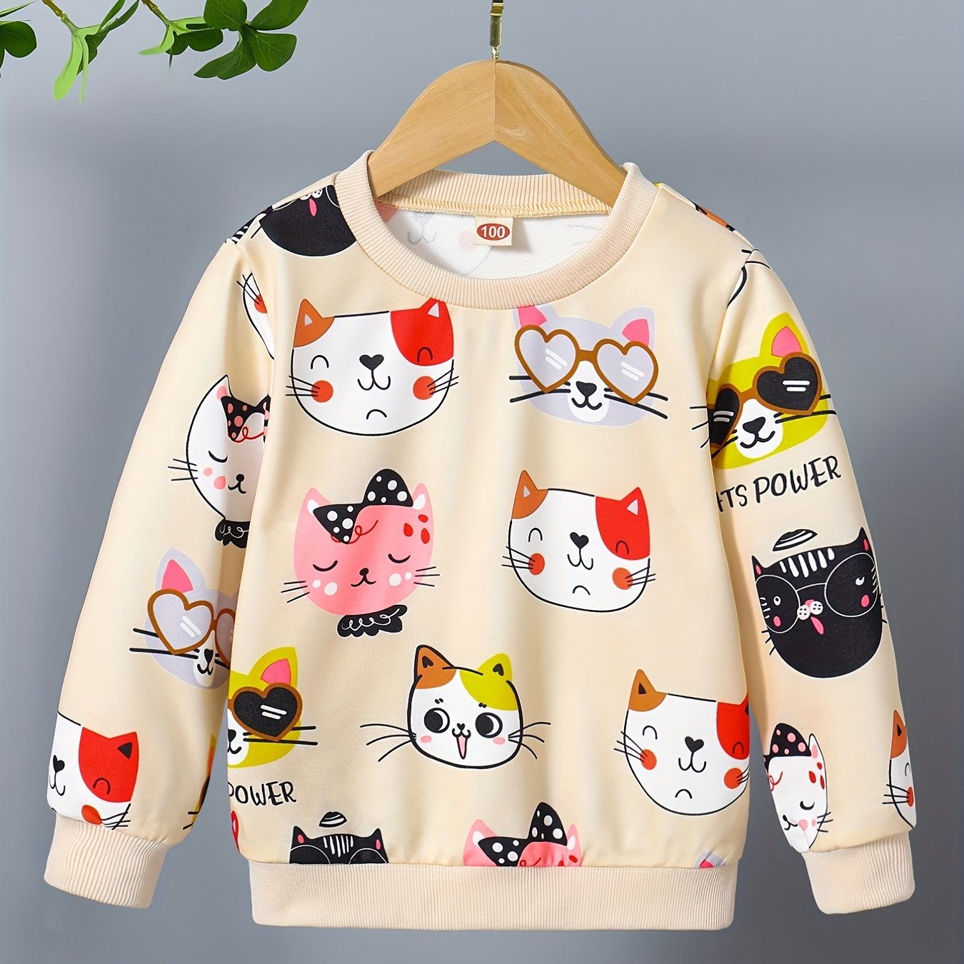 HWMFSNHFZ Girls' Lightweight Long Sleeve Cartoon Cat Print Sweatshirt - Soft Pink Crew Neck Casual Pullover for Spring & Fall, All-Season Comfort, Cute Sweaters