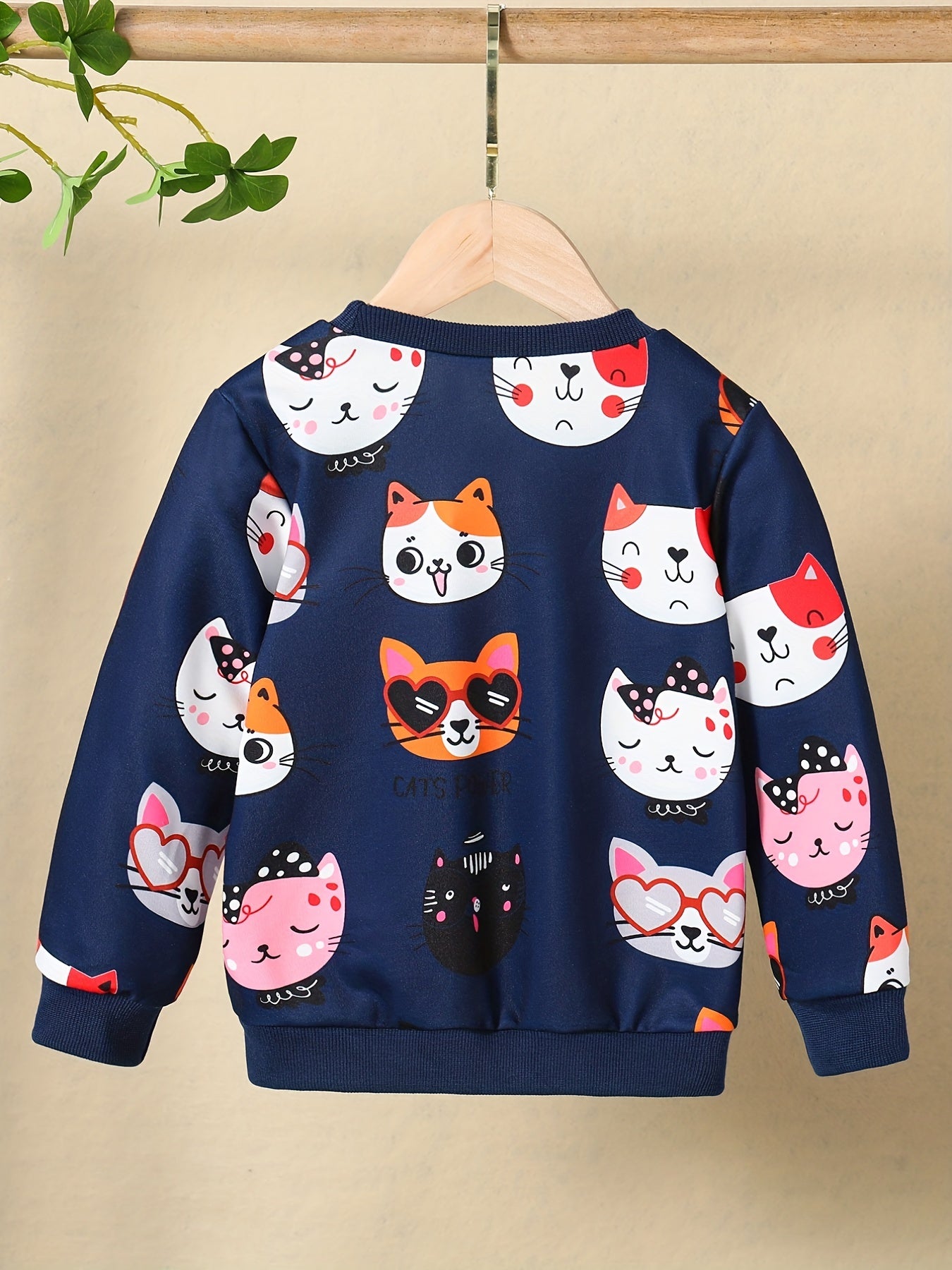 HWMFSNHFZ Girls' Lightweight Long Sleeve Cartoon Cat Print Sweatshirt - Soft Pink Crew Neck Casual Pullover for Spring & Fall, All-Season Comfort, Cute Sweaters