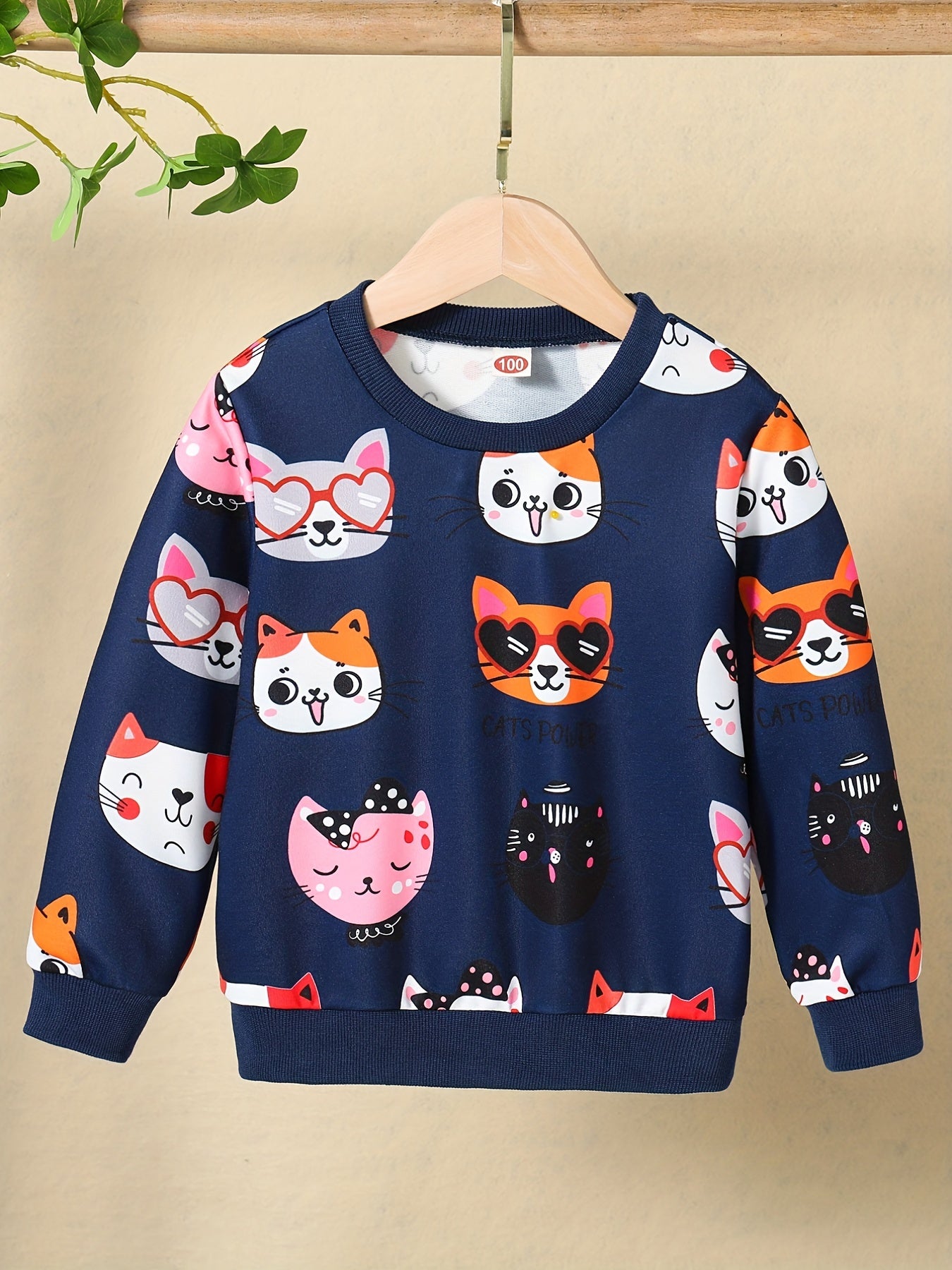 HWMFSNHFZ Girls' Lightweight Long Sleeve Cartoon Cat Print Sweatshirt - Soft Pink Crew Neck Casual Pullover for Spring & Fall, All-Season Comfort, Cute Sweaters