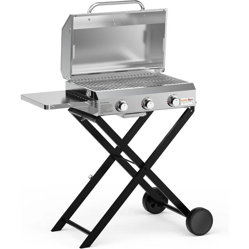 BBQ Gas Grill 3-Burner with Foldable Cart & Side Table, Portable Propane Grill with Lid for Outdoor Patio Backyard Barbecue