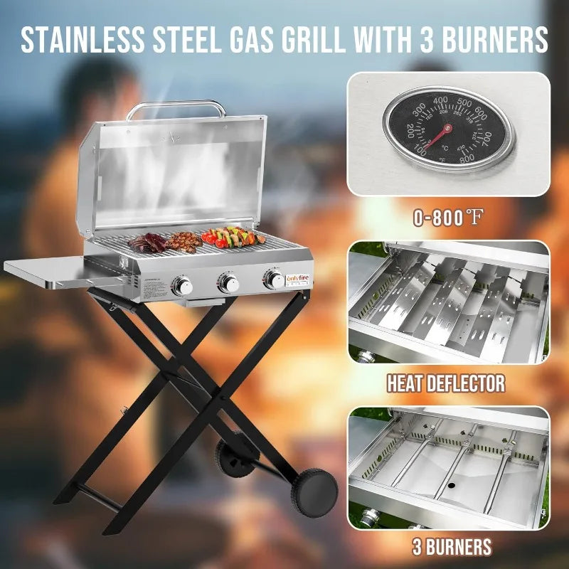 BBQ Gas Grill 3-Burner with Foldable Cart & Side Table, Portable Propane Grill with Lid for Outdoor Patio Backyard Barbecue
