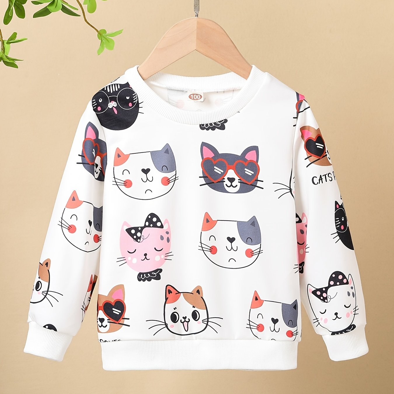 HWMFSNHFZ Girls' Lightweight Long Sleeve Cartoon Cat Print Sweatshirt - Soft Pink Crew Neck Casual Pullover for Spring & Fall, All-Season Comfort, Cute Sweaters