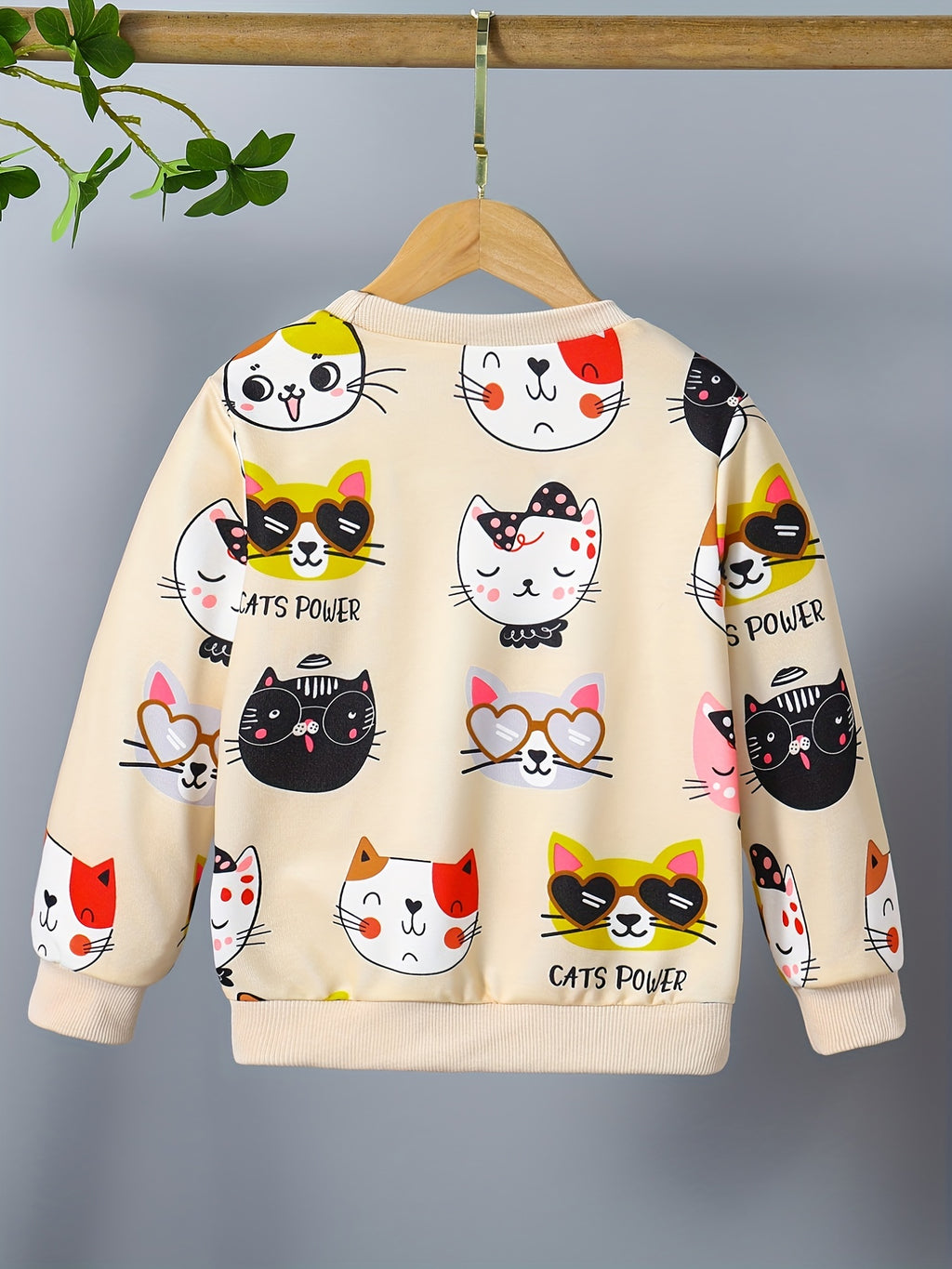 HWMFSNHFZ Girls' Lightweight Long Sleeve Cartoon Cat Print Sweatshirt - Soft Pink Crew Neck Casual Pullover for Spring & Fall, All-Season Comfort, Cute Sweaters
