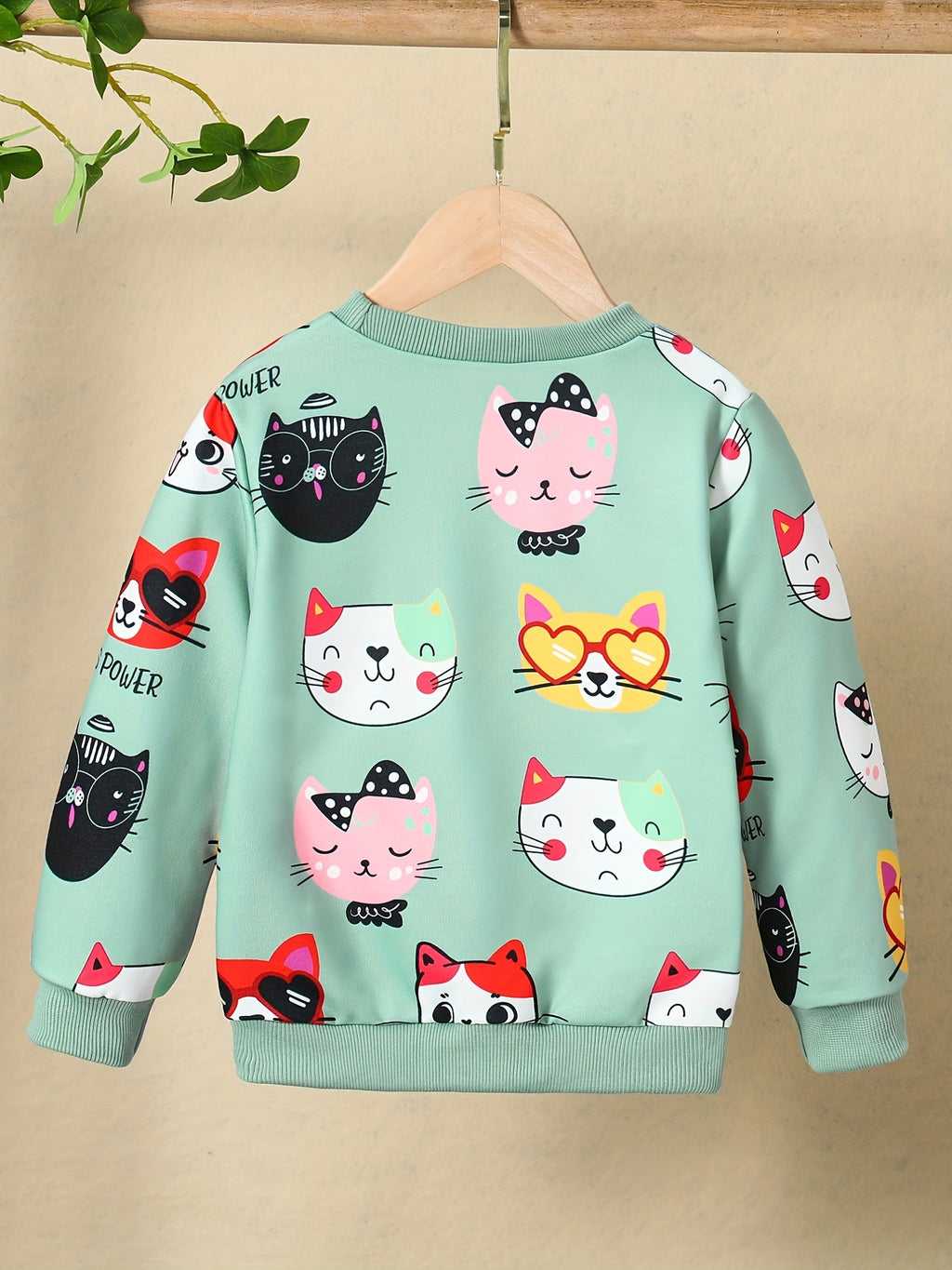 HWMFSNHFZ Girls' Lightweight Long Sleeve Cartoon Cat Print Sweatshirt - Soft Pink Crew Neck Casual Pullover for Spring & Fall, All-Season Comfort, Cute Sweaters
