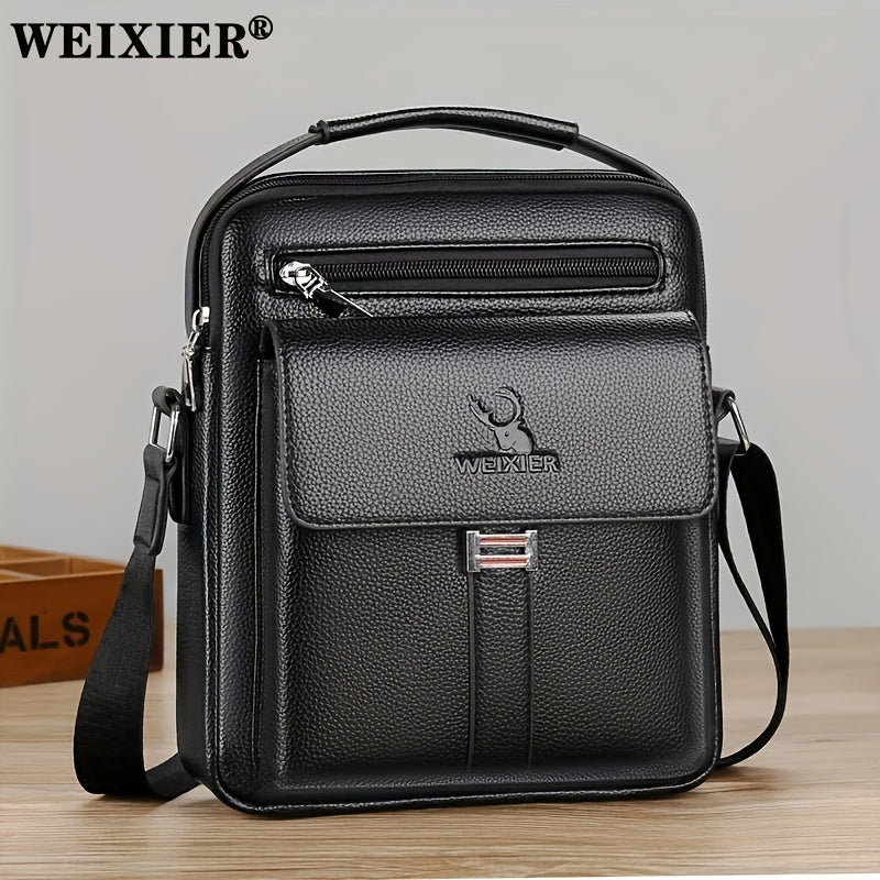 [Vintage Business Bag] WEIXIER Men's Vintage Business Casual Adjustable Shoulder Bag - Multiple Compartments, Zippered Pockets, Compact Design, Black, Secure Zip Closure, Small Crossbody Bag