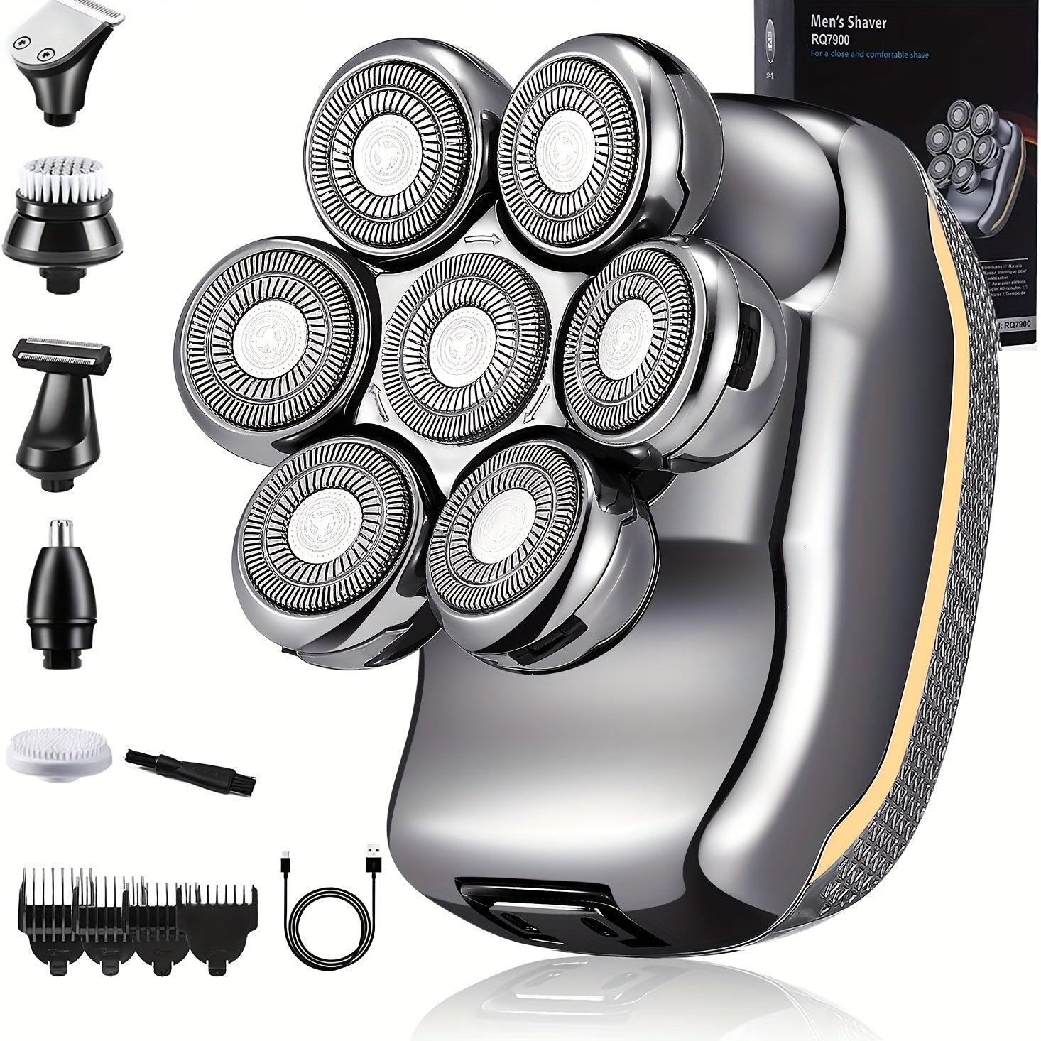 Men'S Electric Head Shaver Razor - Rechargeable Cordless Hair Shaving Razors for Bald Man 6in 1 Wet Dry Beard Trimmer Body Hair Cutting Clipper Grooming Kit 7 Rotary Heads (Gray), USB Charging, Lithium Battery, 6-in-1 Multi-F