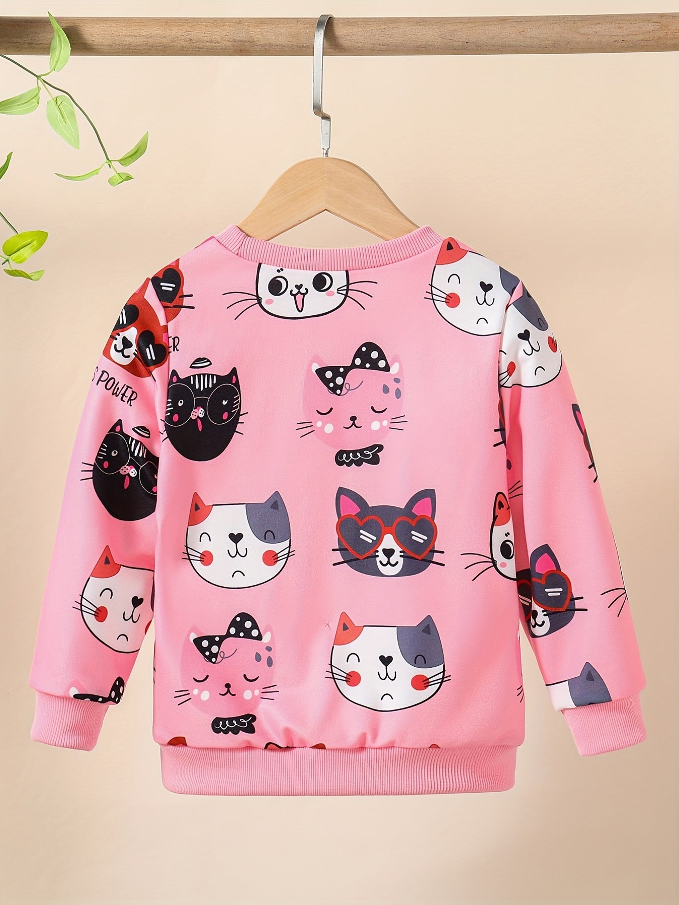 HWMFSNHFZ Girls' Lightweight Long Sleeve Cartoon Cat Print Sweatshirt - Soft Pink Crew Neck Casual Pullover for Spring & Fall, All-Season Comfort, Cute Sweaters