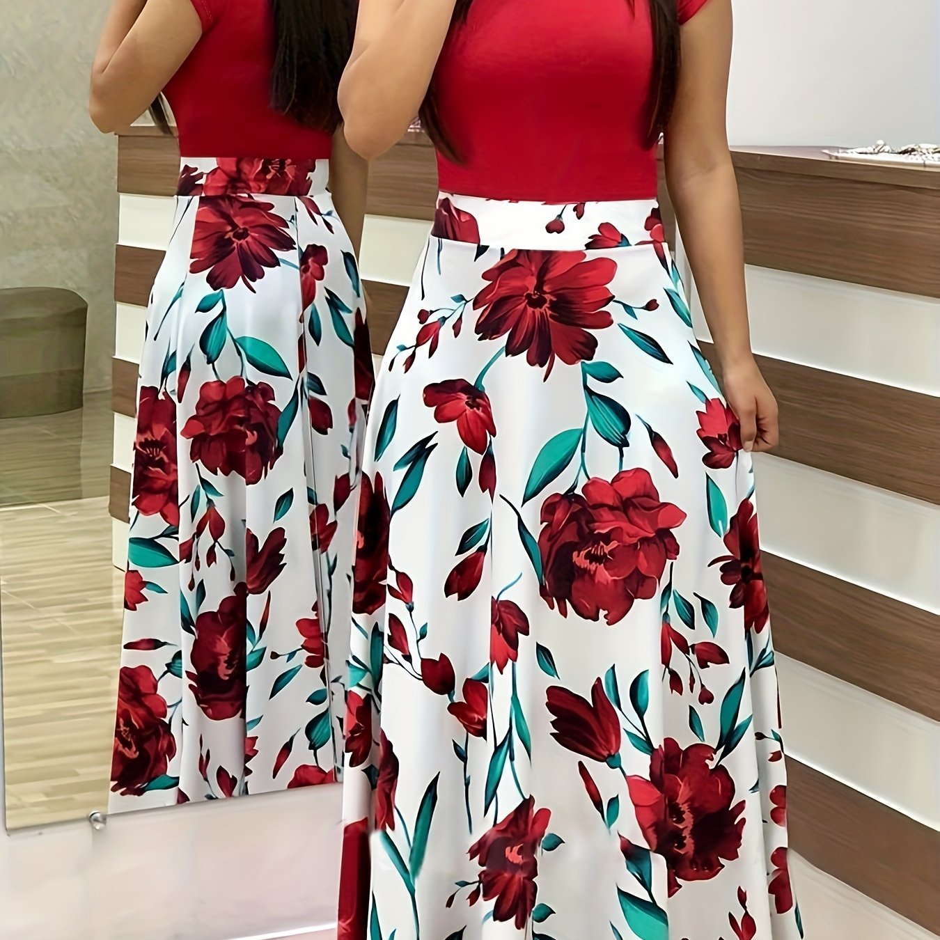 Women'S Plus Size Floral Print Red Colorblock Midi Dress with Short Sleeves - Elegant Crew Neck, Medium Stretch Polyester Fabric, Perfect for All Seasons