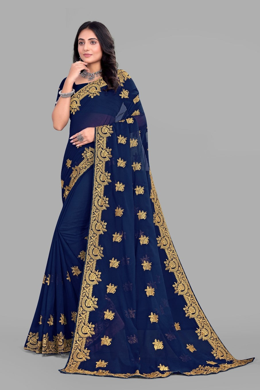 Women's Elegant Saree Set for festive wear-Navy Blue-01