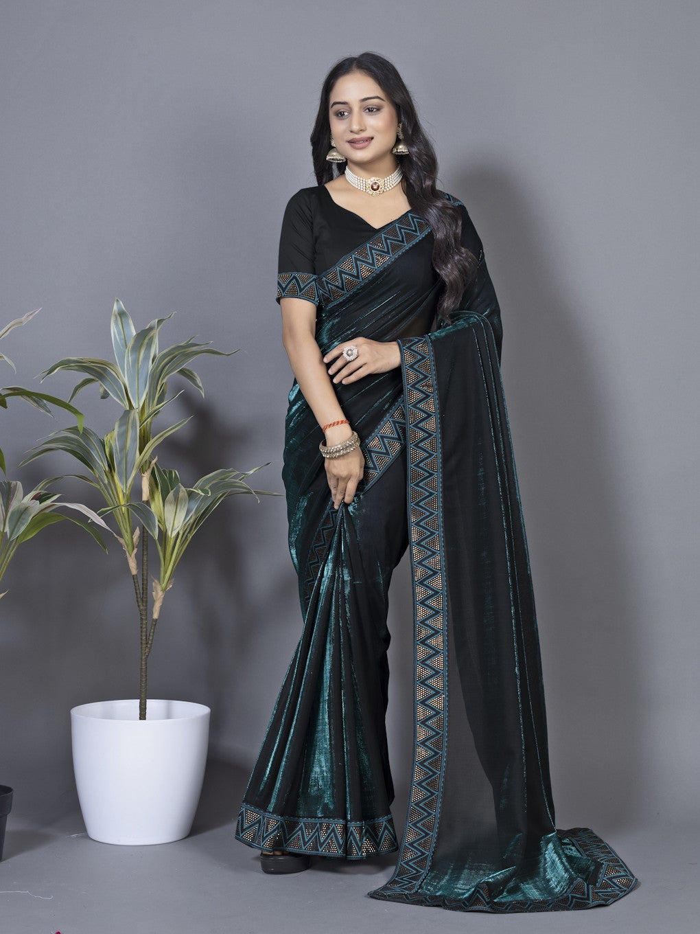 Women's Elegant Saree Set for festive wear-Teal-01
